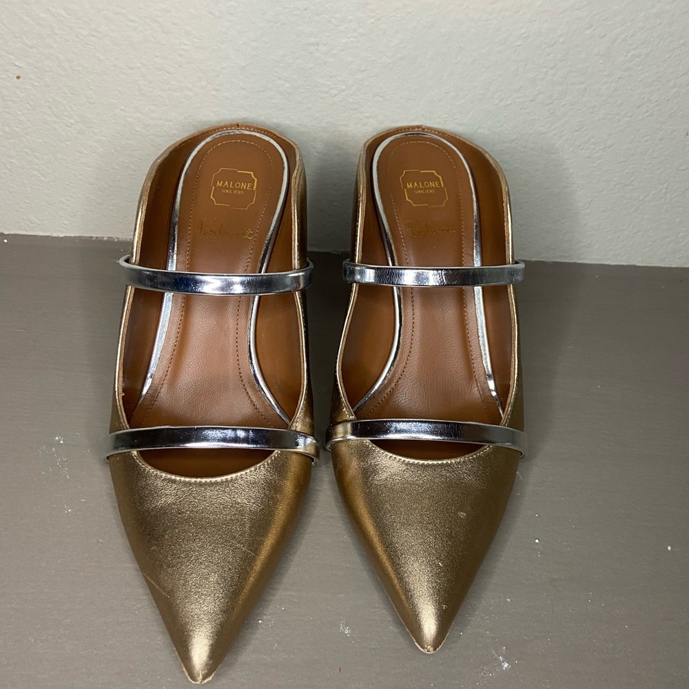 Malone Souliers gold and silver stiletto pointed mules